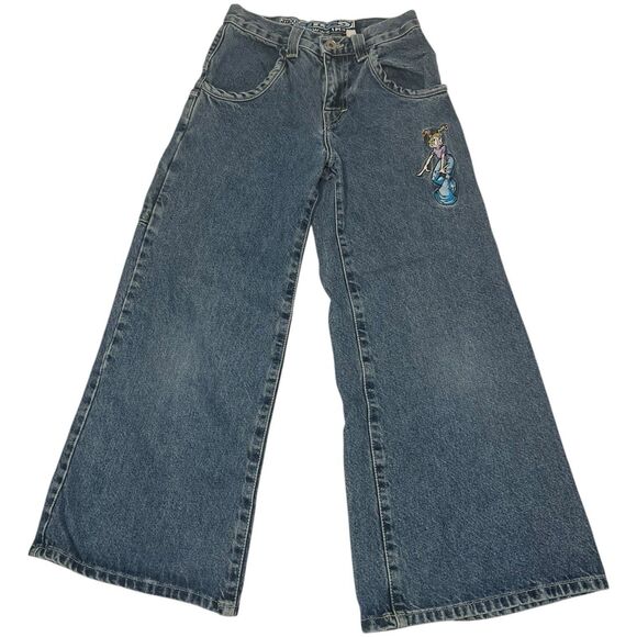 JNCO Gems Glowwy Girls Jeans Sz 10 Y2K Vintage USA Wide Leg Cartoon Embroidered - Picture 1 of 16